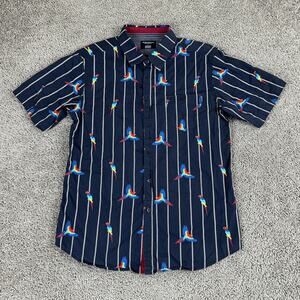 Distortion Shirt Mens Large Blue Parrot Stripe Button Up Short Sleeve Tropical
